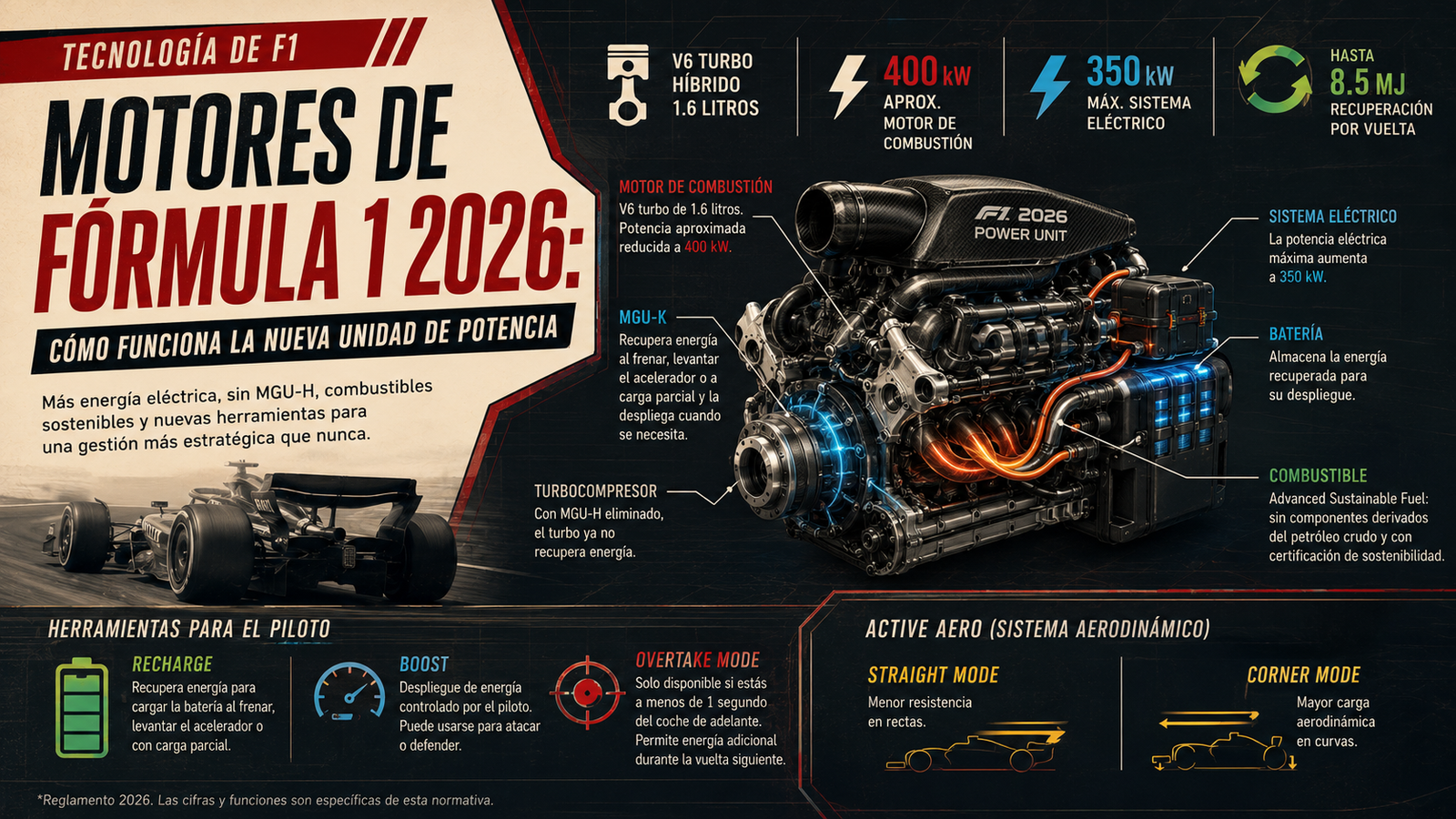 Motores de Fórmula 1 2026: cómo funciona la nueva unidad de potencia